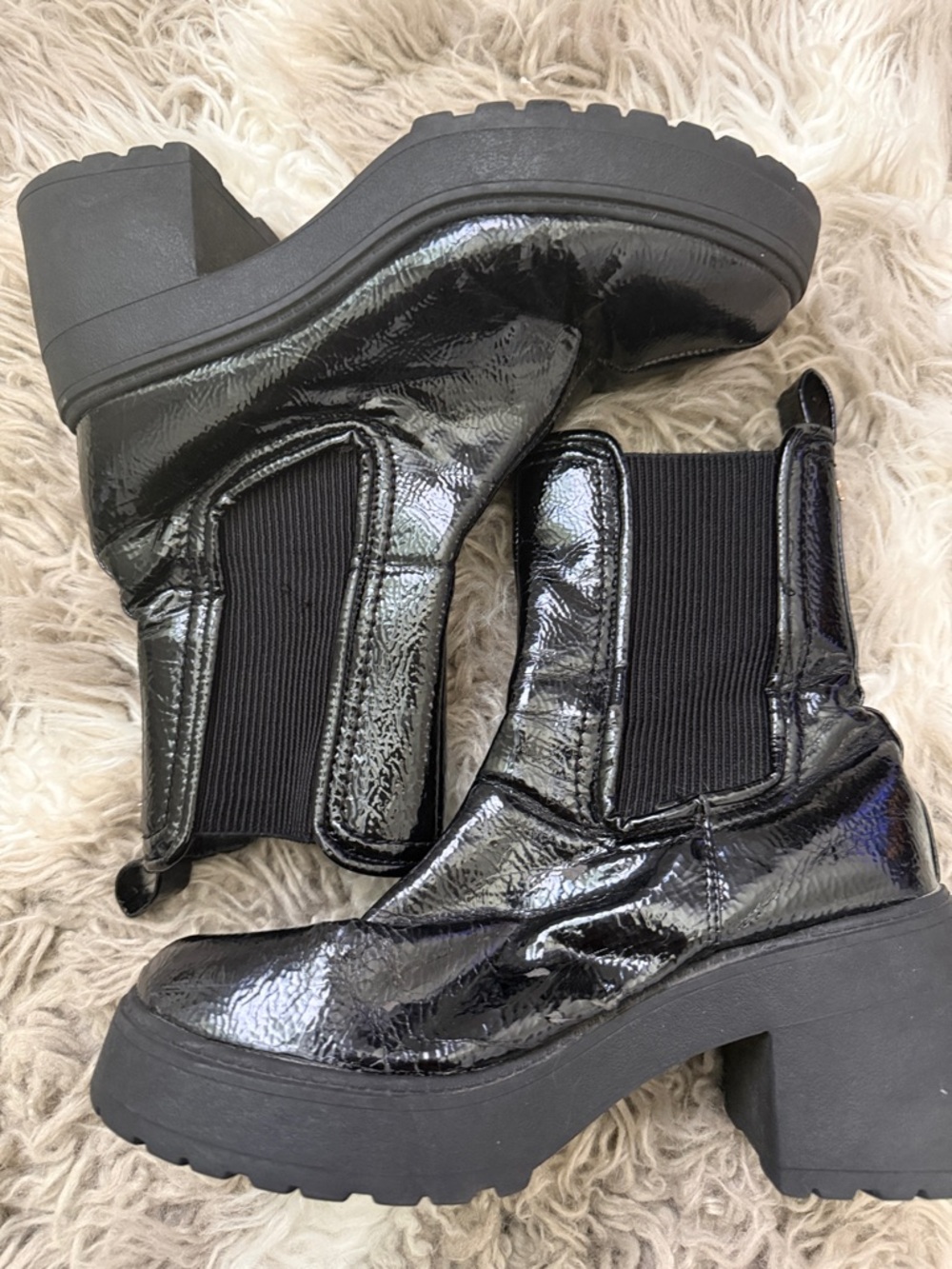River Island Black Patent Chunky Chelsea Heeled Boots